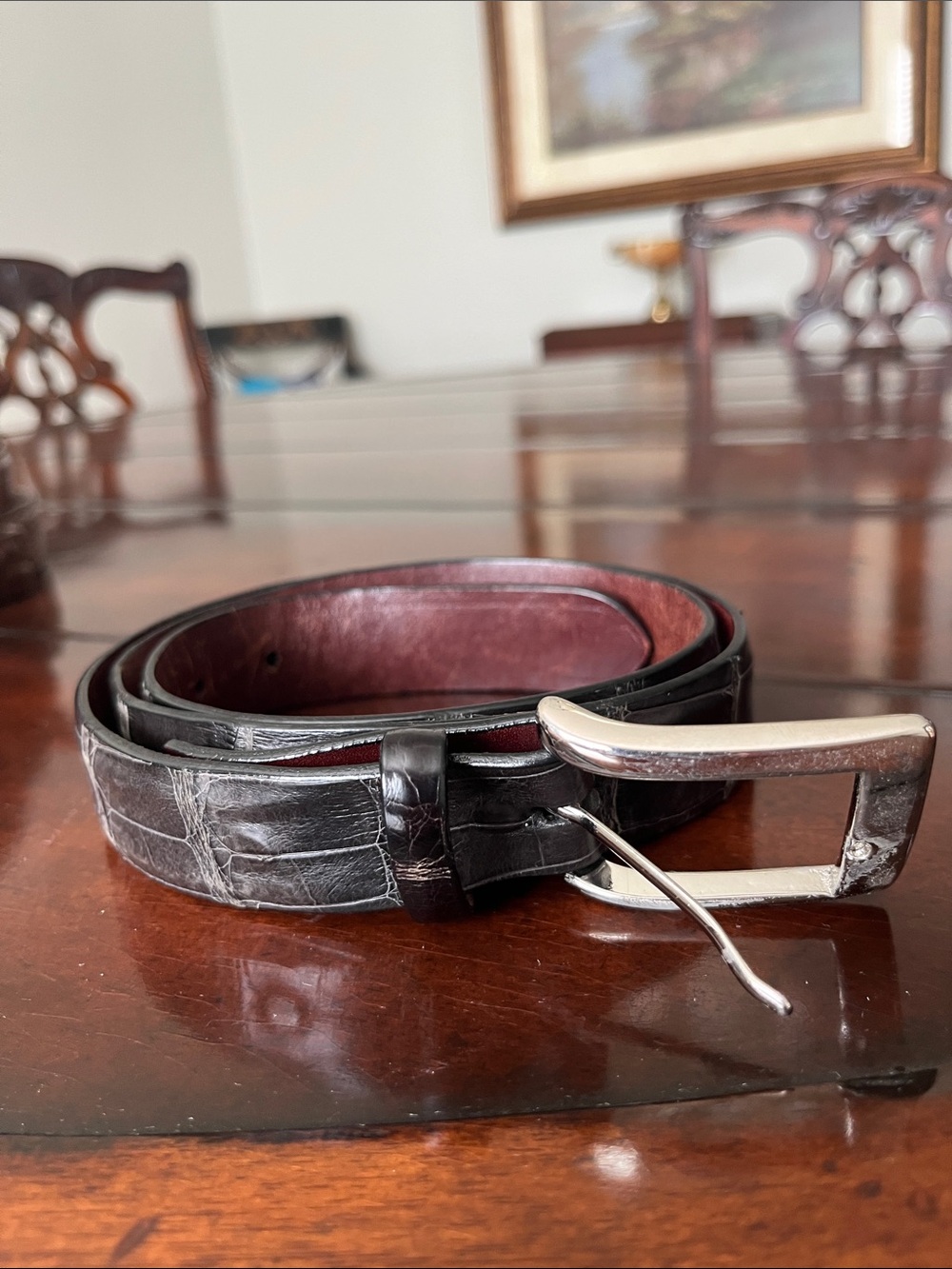 W. Kleinberg Black American alligatorBelt with Silver Buckle and Maroon Interior